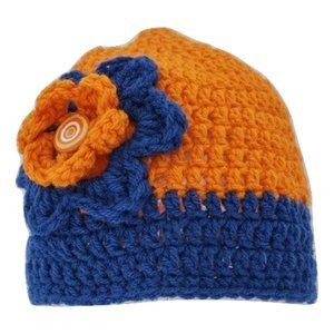 Women’s Homemade Hand Crocheted Orange and Blue Flower Beanie Winter Hat